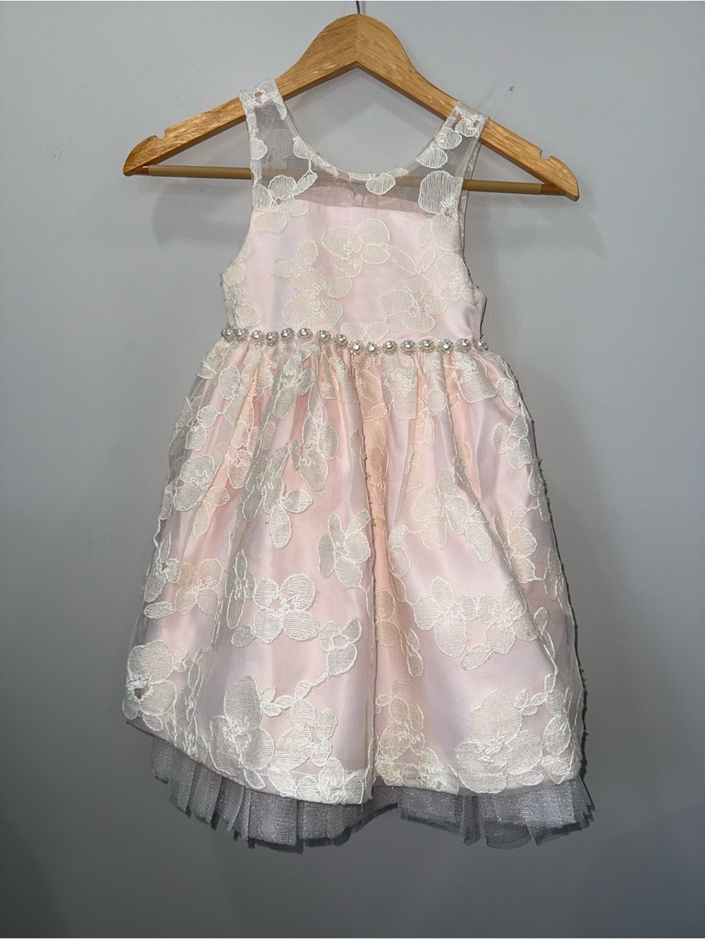 American Princess Girls Dress Size 5 Pink Lace Flower Pearl Waist Formal !
